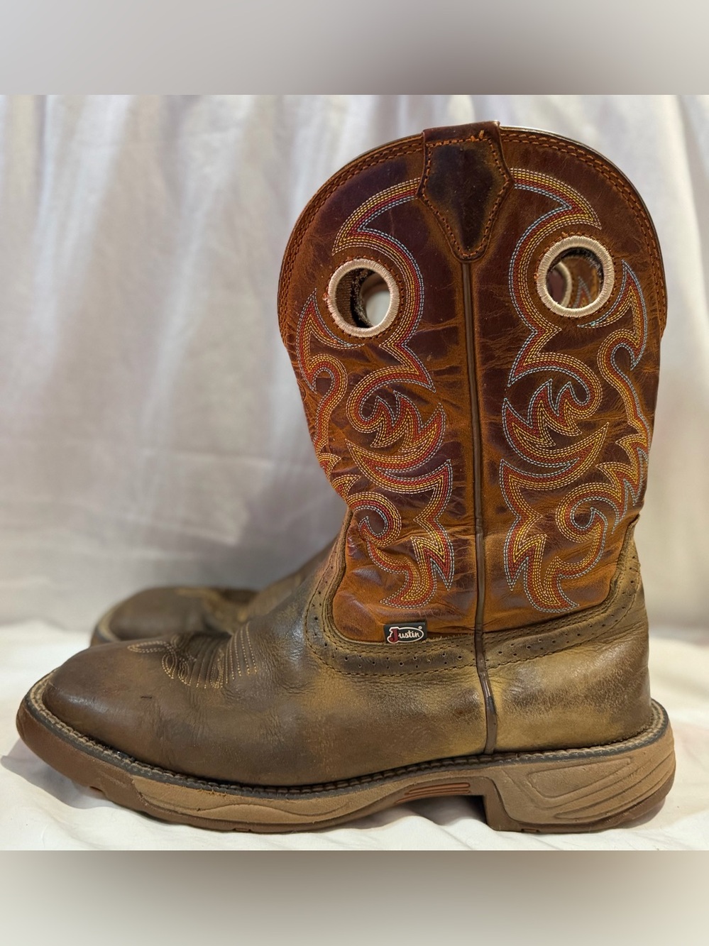 JUSTIN Comb Last BROWN LEATHER SQUARE TOE COWBOY BOOTS #SE7402 10.5D Slip Resist